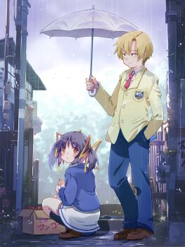  1boy 1girl absurdres akayama_yukihe blonde_hair blue_eyes blue_hair blue_pants blue_shirt box brother_and_sister brown_eyes cardboard_box cat clannad collared_shirt dress_shirt hair_ribbon hand_in_pocket highres hikarizaka_private_high_school_uniform holding holding_umbrella jacket necktie pants rain red_necktie ribbon school_uniform shirt siblings skirt split_mouth squatting sunohara_mei sunohara_youhei twintails umbrella white_shirt white_skirt yellow_jacket 