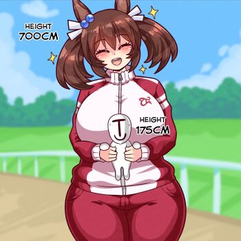  1girl 1other ^_^ animal_ears blue_sky breasts brown_hair carrying carrying_person closed_eyes cloud cloudy_sky commentary day ear_ornament giant giantess hair_bobbles hair_ornament height_difference highres hishi_akebono_(umamusume) horse_ears horse_girl horse_racing_track huge_breasts jacket open_mouth outdoors pants red_jacket red_pants seireiart sky smile sparkle sparkling_aura t-head_trainer_(umamusume) tall_female teeth tracen_training_uniform track_jacket track_pants trainer_(umamusume) twintails umamusume upper_teeth_only wide_hips 