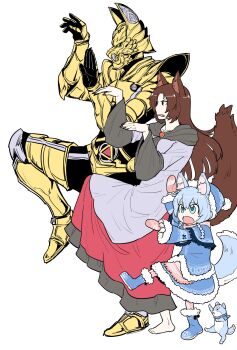  1girl absurdres animal_ear_fluff animal_ears armor bad_tag barefoot blue_boots blue_capelet blue_eyes blue_hair blue_hat blue_skirt boots brooch brown_hair brown_nails capelet character_request commentary_request copyright_request dress fang full_body fur-trimmed_boots fur-trimmed_skirt fur-trimmed_sleeves fur_trim grey_dress hat highres imaizumi_kagerou jewelry leg_up long_hair long_sleeves mittens oninamako red_mittens simple_background skirt standing standing_on_one_leg tail toes touhou very_long_hair white_background wide_sleeves wolf_ears wolf_girl wolf_tail yotsubato!_pose 