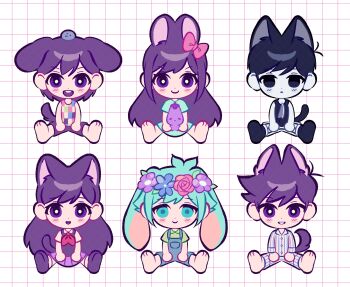  2girls 4boys absurdres animal_ears antenna_hair aubrey_(headspace)_(omori) aubrey_(omori) barefoot basil_(headspace)_(omori) basil_(omori) black_eyes black_hair black_shoes black_shorts black_socks black_sweater_vest black_tank_top blue_overalls blue_pajamas blue_pants blue_shirt blush bow bright_pupils brother_and_sister brothers cat_boy cat_ears cat_girl cat_tail checkered_clothes chibi chibi_only closed_mouth collared_pajamas collared_shirt colored_skin commentary dog_boy dog_ears dog_tail double-parted_bangs expressionless flower_wreath green_eyes green_hair green_shirt hair_between_eyes hair_bow head_wreath hector_(omori) hero_(headspace)_(omori) hero_(omori) highres holding holding_knife holding_stuffed_toy kel_(headspace)_(omori) kel_(omori) kemonomimi_mode knife long_hair long_shirt looking_at_viewer mari_(headspace)_(omori) mari_(omori) mr._plantegg_(omori) multiple_boys multiple_girls neckerchief omori omori_(omori) open_mouth overall_shorts overalls pajamas pants parted_lips pet_rock pink_bow pleated_skirt purple_eyes purple_hair purple_shorts purple_skirt rabbit_boy rabbit_ears rabbit_girl red_neckerchief shirt shoes short_sleeves shorts siblings sidelocks skirt smile socks striped_clothes striped_pajamas striped_pants striped_shorts stuffed_animal stuffed_eggplant stuffed_toy sweater_vest symbol-only_commentary t-shirt tail tank_top teeth torete_(70re7e) two-tone_pajamas two-tone_pants two-tone_shorts upper_teeth_only vertical-striped_clothes vertical-striped_pajamas vertical-striped_pants vertical-striped_shorts white_pajamas white_pants white_pupils white_shirt white_shorts white_skin white_socks 