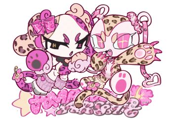  2girls :3 :d agejo_gyaru amatou_akuma animal_ears animal_print artist_name black_eyes brown_socks chibi chibi_only chibikemo choker claws cross-shaped_pupils cutout_eyelashes dog_ears fang flower full_body furry furry_female gyaru hand_up heart hibiscus highres leopard_girl leopard_print leopard_tail looking_at_viewer loose_socks multiple_girls open_mouth original pawpads pink_eyes pink_socks simple_background smile socks symbol-shaped_pupils tail tail_flower tail_ornament white_background 
