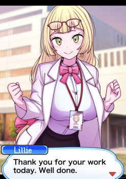  1girl aged_up black_skirt blonde_hair blurry blurry_background bow bowtie building character_name clenched_hands closed_mouth coat commentary_request commission day dialogue_box earrings english_text eyelashes eyewear_on_head glasses green_eyes hakusai_(user_nkkd7242) hands_up highres jewelry lanyard lillie_(pokemon) long_hair nintendo open_clothes open_coat outdoors pokemon pokemon_sm shirt skeb_commission skirt smile solo split_mouth white_coat 