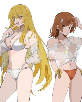  2girls :d bikini blonde_hair breasts brown_bikini brown_eyes brown_hair cleavage commentary finger_to_mouth hair_between_eyes hair_ornament hairpin highres large_breasts long_hair looking_at_viewer medium_hair misaka_mikoto multiple_girls navel open_mouth see-through_clothes see-through_shirt shirt shokuhou_misaki small_breasts smile star-shaped_pupils star_(symbol) swimsuit symbol-shaped_pupils ten_8810 tied_shirt toaru_kagaku_no_railgun toaru_majutsu_no_index white_background white_bikini white_shirt yellow_eyes 