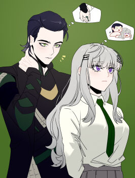  >_< 1boy 1girl animification black_hair black_jacket black_tunic breasts commentary_request couple doggystyle female_pervert green_background green_eyes green_nails green_necktie grey_hair grey_skirt hair_ornament hair_slicked_back hairclip hand_on_own_neck height_difference hetero highres holding_hands imagining jacket loki_(marvel) long_hair looking_ahead marvel medium_breasts necktie oc_x_canon open_mouth original pervert pleated_skirt purple_eyes sex_from_behind shirt shirt_tucked_in short_hair skirt slit_pupils speech_bubble thor_(marvel)_(series) thought_bubble tsumikierika tunic upper_body white_shirt 