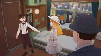  1boy 2girls abubu bed blonde_hair blue_eyes blunt_bangs brown_hair brown_hat brown_pants brown_shoes closed_eyes closed_mouth collared_shirt commentary commentary_request crossdressing dress english_commentary green_socks grey_hat grey_jacket hat highres indoors jacket long_hair long_sleeves mixed-language_commentary multiple_girls open_mouth original pants shirt shoes short_hair socks suspender_pants suspenders tomboy train_interior very_short_hair white_bag white_dress white_hat white_shirt window 