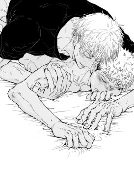  2boys bed_sheet blush closed_eyes closed_mouth clothed_male_nude_male commentary_request compression_shirt gojou_satoru highres implied_sex itadori_yuuji jujutsu_kaisen lying male_focus multiple_boys nay_bb nude on_bed on_stomach sex sex_from_behind sheet_grab short_hair sweat yaoi 