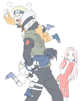  1girl 3boys anger_vein black_gloves black_hair black_headband black_mask black_pants black_shirt blonde_hair blue_hairband blue_headband blue_shirt blue_shoes child clenched_hand closed_eyes commentary_request cowboy_shot dress facial_mark flak_jacket flying_sweatdrops furrowed_brow gloves grey_hair hairband hand_to_own_mouth haruno_sakura hatake_kakashi headband highres jacket konohagakure_shinobi_uniform konohagakure_symbol korean_commentary long_hair mask mouth_mask multiple_boys nagsu_(narksuhaza) naruto_(classic) naruto_(series) open-toe_shoes orange_jacket pants parted_bangs pink_hair red_dress shirt shoes shorts spiked_hair uchiha_sasuke uzumaki_naruto walking whisker_markings white_background white_shorts 