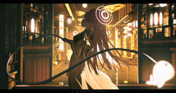  1girl =_= absurdres aged_up alternate_costume artist_name backlighting black_shirt blue_archive character_request check_character chinese_commentary closed_mouth coat commentary cowboy_shot from_behind hair_between_eyes halo heiyan highres holding holding_whip hoshino_(blue_archive) index_finger_raised letterboxed long_hair long_sleeves looking_at_viewer looking_back outdoors perspective pink_hair pink_halo pointing pointing_at_viewer shirt smile solo very_long_hair whip white_coat wide_sleeves 