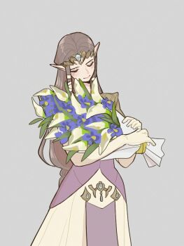  1girl armor blue_flower bouquet closed_eyes closed_mouth cowboy_shot crown dress elbow_gloves flower gloves gold_armor grey_background hair_ribbon helikasei holding holding_bouquet light_smile long_dress nintendo pointy_ears princess_zelda ribbon shoulder_armor sidelocks solo the_legend_of_zelda the_legend_of_zelda:_twilight_princess white_gloves white_ribbon 