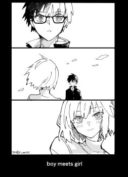  1boy 1girl :o ahoge arcueid_brunestud black_hair blush commentary_request english_text facing_viewer falling_petals floating_hair gakuran glasses hair_between_eyes hair_intakes head_tilt highres jewelry ki_wa001 looking_at_another monochrome necklace petals school_uniform short_hair sidelocks smile souya_high_school_uniform sweater tohno_shiki tsukihime tsukihime_(remake) turtleneck turtleneck_sweater upper_body 