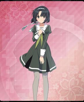  1girl between_legs black_hair closed_mouth dot_nose dress feet_out_of_frame floral_background game_cg green_dress green_hairband green_neckerchief grey_eyes grey_pantyhose hairband hand_between_legs hand_on_own_chest heijou_institute_school_uniform long_sleeves looking_at_viewer musumi_kiyoka neckerchief official_art pantyhose parted_bangs pink_background pinstripe_dress pinstripe_pattern polka_dot_hairband sailor_collar school_uniform short_hair smile solo straight-on striped_clothes striped_dress third-party_source toji_no_miko toji_no_miko:_kizamishi_issen_no_tomoshibi vertical-striped_clothes vertical-striped_dress white_sailor_collar 
