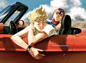  2boys black_eyes blonde_hair blue_sky braid car cloud commentary convertible earrings giorno_giovanna guido_mista hair_over_shoulder hashtag-only_commentary hat highres jewelry jojo_no_kimyou_na_bouken male_focus motor_vehicle multiple_boys red_hat shirt single_braid sky smile stud_earrings t-shirt turtleneck vento_aureo watch white_shirt wristwatch zu_okr 