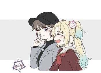  2girls :d ;) ahoge anyoji_hime baseball_cap black_hat black_sweater blonde_hair blue_eyes blue_hair blush brown_dress brown_hair closed_eyes commentary dress fang finger_to_mouth flower fujishima_megumi fujishima_megumi_(post-graduation) gradient_hair grey_jacket hair_flower hair_ornament hasu_no_sora_school_uniform hat heart heart_necklace himejoshi jacket jewelry link!_like!_love_live! long_sleeves looking_at_viewer love_live! mira-cra_park! multicolored_hair multiple_girls neckerchief necklace one_eye_closed open_clothes open_jacket open_mouth osawa_rurino parted_bangs pink_flower profile purple_eyes red_neckerchief sailor_collar sailor_dress school_uniform shushing sidelocks smile spoken_expression suit_jacket sweater symbol-only_commentary turtleneck turtleneck_sweater twintails virtual_youtuber white_sailor_collar winter_uniform zueka27 