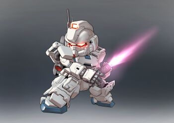  absurdres chibi chinese_commentary commentary_request energy_sword fighting_stance full_body glowing glowing_eyes grey_background gundam gundam_08th_ms_team gundam_ez8 highres holding holding_sword holding_weapon making-of_available mecha mecha_focus mobile_suit no_humans radio_antenna red_eyes robot science_fiction sd_gundam solo standing sword thrusters weapon zakuma 
