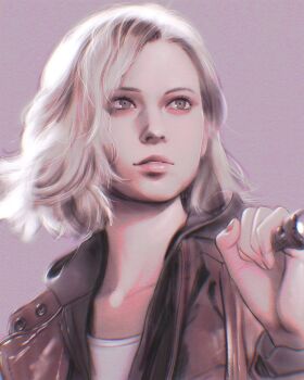  1girl aegyo_sal backlighting blonde_hair bob_cut brown_eyes brown_jacket commentary flashlight grace_ashcroft highres holding holding_flashlight ilya_kuvshinov jacket looking_to_the_side painterly parted_lips resident_evil resident_evil_requiem shirt short_hair solo upper_body white_shirt 