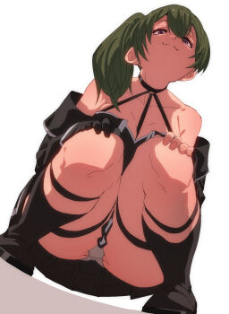 1girl :3 ass black_boots black_choker black_dress black_gloves boots choker commentary dress fu-ta full_body gloves green_hair grey_hair hands_on_own_knees highres looking_at_viewer o-ring o-ring_choker panties pantyshot pleated_dress purple_eyes side_ponytail simple_background single_glove solo sousou_no_frieren squatting thigh_strap thighs ubel_(sousou_no_frieren) underwear white_background white_panties rating:Questionable score:126 user:danbooru