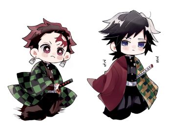 2boys belt black_hair black_jacket black_pants blue_eyes brown_hair buttons checkered_haori chibi chibi_only closed_mouth cocona_kmt commentary_request demon_slayer_uniform earrings gold_buttons hanafuda_earrings haori high_collar highres jacket japanese_clothes jewelry kamado_tanjirou katana kikkoumon kimetsu_no_yaiba long_hair low_ponytail male_focus multiple_boys pants ponytail print_haori red_haori simple_background spiked_hair sword tomioka_giyuu weapon white_background white_belt 