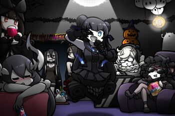  6+girls abyssal_ship alcohol anchorage_water_oni battleship_princess battleship_water_oni black_hair blush braid chips_(food) commission cup demon_horns drinking_glass eating food gothic_lolita halloween hamu_koutarou headphones highres horns indoors isolated_island_oni kantai_collection light_cruiser_oni lolita_fashion long_hair multiple_girls pale_skin pixiv_commission potato_chips pumpkin red_bull seaplane_tender_princess sunglasses supply_depot_princess white_hair wine wine_glass 