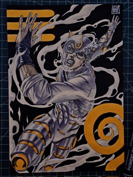  1boy angry armor bridal_gauntlets clenched_teeth commentary english_commentary ghiaccio glasses highres jojo_no_kimyou_na_bouken limited_palette male_focus marker_(medium) maya_panda photo_(medium) signature sleeves_rolled_up smoke solo stand_(jojo) teeth traditional_media vento_aureo white_album_(stand) 