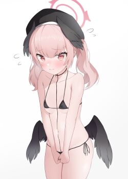 1girl absurdres beret bikini black_bikini black_headwear black_wings blue_archive blush breasts closed_mouth cowboy_shot embarrassed feathered_wings flying_sweatdrops halo hat head_wings highres koharu_(blue_archive) looking_at_viewer low_wings micro_bikini navel nonddu pink_eyes pink_hair side-tie_bikini_bottom simple_background small_breasts swimsuit twintails v_arms white_background wings rating:Sensitive score:43 user:danbooru