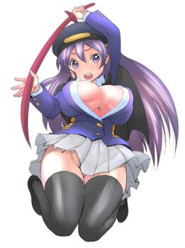  1girl arm_up blush breasts cleavage commentary_request covered_erect_nipples hat holding holding_sword holding_weapon jacket katana kido_ayame_(kimi_wa_008) kimi_wa_008 kneeing large_breasts leaning_back long_hair matsuena_shun miniskirt official_art open_clothes open_jacket open_mouth pleated_skirt purple_eyes purple_hair shirt skirt solo sword teeth thighhighs thighs upper_teeth_only v-shaped_eyebrows weapon 