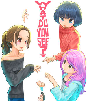  1boy 3girls black_sweater blending blue_eyes blue_hair blunt_bangs brown_hair english_text fingernails grey_shirt himeshaga hood hood_down hoodie long_hair multiple_girls optical_illusion original pink_hair pointing ponytail red_eyes red_sweater sexually_suggestive shirt short_hair simple_background standing striped_clothes striped_shirt sweater sweater_vest white_background yellow_eyes  rating:Sensitive score:24 user:danbooru