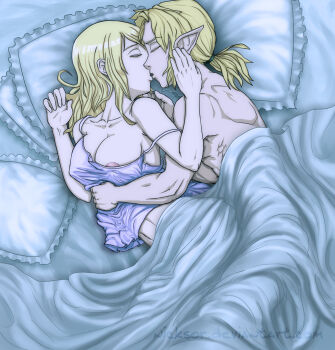  1boy 1girl areola_slip artist_name bare_shoulders bed bed_sheet blonde_hair breasts camisole chemise cleavage clothed_female_nude_male clothed_sex collarbone couple covered_erect_nipples covering_privates crossover cushion closed_eyes fairy_tail from_above hand_on_another's_face hetero highres hug hug_from_behind kiss large_breasts link long_hair lucy_heartfilia lying muscular naked_sheet navel nintendo nipples nude nude_cover off_shoulder on_side pillow pointy_ears ponytail sex short_hair spooning strap_slip text_focus the_legend_of_zelda under_covers vaginal  rating:Explicit score:39 user:LinkHelios