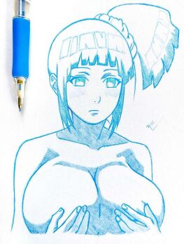 bare_shoulders breasts closed_mouth collarbone colored_pencil_(medium) drycelll hands_on_own_chest holding hyuuga_hinata large_breasts monochrome naruto_(classic) naruto_(series) naruto_shippuuden ponytail scrunchie short_hair side_ponytail traditional_media rating:Questionable score:30 user:evanpilot
