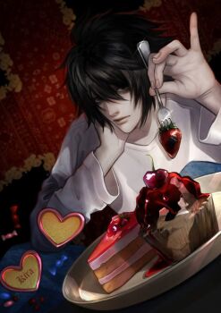  1boy bags_under_eyes black_hair cake cake_slice closed_mouth commentary cupcake death_note elbow_rest fingernails food fork fruit hair_between_eyes highres holding holding_fork l_(death_note) lips long_sleeves looking_at_viewer male_focus nose sanguices shirt short_hair sitting solo strawberry strawberry_cake untranslatable_commentary white_shirt 