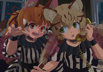  2girls animal_ears brown_eyes brown_hair cat_ears cat_girl cat_tail choker dress extra_ears fashion_monster geoffroy's_cat_(kemono_friends) green_eyes grey_hair hane_(kirschbaum) highres kemono_friends kemono_friends_v_project large-spotted_genet_(kemono_friends) long_hair multiple_girls phone ribbon tail twintails virtual_youtuber wristband 