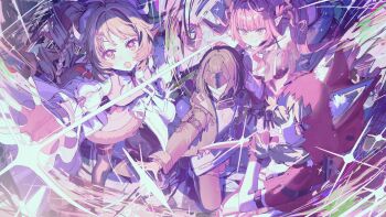  4girls animal_ears ardelia_(arknights) arknights arknights:_endfield black_hair black_jacket black_pantyhose blonde_hair brown_hair cape closed_mouth dagger dragon_girl dragon_horns ears_through_headwear endministrator_(arknights) eye_mask eyjafjalla_(arknights) female_endministrator_(arknights) fingerless_gloves gloves highres holding holding_dagger holding_knife holding_weapon hood hooded_cape horns jacket knife long_hair mask medium_hair multiple_girls open_mouth pantyhose parted_lips pink_eyes pink_hair pink_theme pointy_ears purple_eyes red_cape rossi_(arknights) sheep_ears sheep_girl sheep_horns thick_eyebrows twintails wata_(attaka_towel) weapon wolf_ears wolf_girl yvonne_(arknights) 