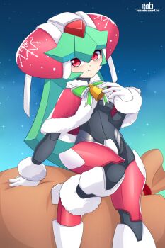  1girl absurdres artist_name blue_background capelet christmas commentary crotch_plate english_commentary forehead_jewel green_hair helmet highres mega_man_(series) mega_man_zx model_w_(mega_man) pandora_(mega_man) red_capelet red_eyes red_helmet rob_(robarts) sitting solo 
