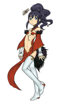  1girl artist_request bare_shoulders black_hair blue_eyes boots bridal_gauntlets detached_sleeves dress female_focus flat_chest full_body gloves high_ponytail jessica_(langrisser) langrisser langrisser_re:incarnation loli looking_at_viewer medium_hair navel official_art ponytail red_dress revealing_clothes simple_background solo standing thigh_boots thighhighs white_background white_boots white_gloves white_thighhighs  rating:Questionable score:17 user:DestPrince