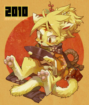  1other 2010 androgynous animal_ears animal_feet animal_hands blonde_hair bowl commentary_request english_text furry happy_new_year japanese_clothes kimono nengajou new_year orange_eyes orange_kimono original other_focus pawpads ponytail rikose scarf sitting slit_pupils solo striped_fur tail tiger_ears tiger_tail tongue tongue_out 