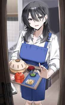  1girl absurdres apron black_hair black_skirt blue_apron blurry blurry_background breasts cliov collared_shirt commentary cowboy doorway ear_cuffs fang food hair_behind_ear hair_between_eyes highres holding holding_tray large_breasts long_sleeves looking_at_viewer mole mole_on_neck motion_lines original pink_nails pleated_skirt pov_doorway shirt skirt solo standing sweatdrop tray western white_shirt 