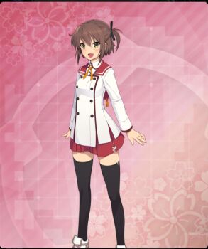  1girl :d black_bow black_thighhighs blush bow breasts brown_eyes brown_hair buttons dot_nose double-breasted etou_kanami feet_out_of_frame floral_background game_cg hair_bow long_sleeves looking_at_viewer minoseki_academy_school_uniform neck_ribbon official_art open_mouth pink_background red_sailor_collar red_skirt ribbon sailor_collar school_uniform shirt shoes short_hair side_ponytail sidelocks skirt small_breasts smile solo standing thighhighs third-party_source toji_no_miko toji_no_miko:_kizamishi_issen_no_tomoshibi variant_set white_shirt white_shoes yellow_ribbon zettai_ryouiki 