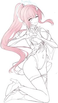  1girl adapted_costume aemeath_(wuthering_waves) bare_shoulders breasts cameltoe closed_mouth commentary covered_navel four-finger_heart_hands full_body hair_ornament halo heart heart_hands highleg highleg_leotard highres large_breasts leotard lineart long_hair looking_at_viewer one_eye_closed partially_colored pink_hair ponytail saint_laurent_paris simple_background smile solo thighs white_background wuthering_waves 