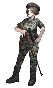 1girl absurdres armband belt belt_pouch beret black_armband black_boots black_hat boots bosnian_war brown_hair camouflage camouflage_jacket camouflage_pants cigarette collarbone commission cyrillic full_body gorgo_menea greek_flag greek_volunteer_guard green_eyes gun handgun hat highres holding holding_gun holding_weapon holster holstered jacket jashin_gopnik jewelry labrys labrys_necklace looking_at_viewer mannlicher_schoenauer_rifle military military_combat_uniform military_fatigues military_uniform necklace non-web_source open_collar original pants pouch revolver rifle scope serbian_text short_hair short_sleeves sniper_rifle solo standing transparent_background unlit_cigarette_in_mouth weapon 