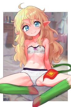  1girl absurdres blonde_hair blue_eyes bra commentary_request futaba_channel highres horns kirin_(nijiura_maids) large_variant_set long_hair navel nijiura_maids panties pointy_ears single_horn sitting smile solo spread_legs tail tsukiyono_aroe underwear variant_set white_panties 