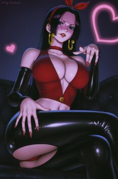  1girl ass bare_shoulders black_hair black_pants boa_hancock earrings heart highres jewelry long_hair navel one_piece panties pants prixmal red_lips red_nails red_panties red_vest sitting snake_earrings solo underwear vest 