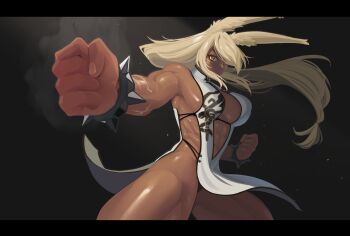  1girl abs animal_ears bare_arms bare_legs blonde_hair bracelet breasts buttslayer center_opening china_dress chinese_clothes clenched_hands closed_mouth commentary dappled_sunlight dark-skinned_female dark_background dark_skin dress english_commentary fighting_stance final_fantasy flying_sweatdrops highres jewelry large_breasts long_hair looking_at_viewer low-tied_long_hair muscular muscular_female pelvic_curtain rabbit_ears side-tie_dress sideboob sleeveless spiked_bracelet spikes sunlight thick_thighs thighs veins veiny_arms white_dress yellow_eyes yurhee_tym_(pebro) 