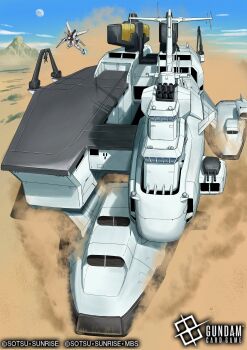  absurdres after_war_gundam_x card_(medium) commentary_request copyright_name crane_(machine) day desert dust_cloud freeden_(gundam_x) gundam gundam_card_game gundam_x highres landscape landship mobile_suit mountain rx782_2202 scenery vehicle_focus 