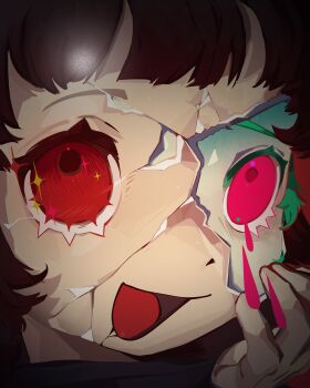  1girl :d absurdres broken_mask broken_skin brown_hair chinese_commentary close-up commentary_request crack cracked_kawaii_mask cracked_mask hand_on_own_face highres mask masked milk-chan_(milk_series) milk_inside_a_bag_of_milk_inside_a_bag_of_milk mismatched_eyes open_mouth pink_eyes portrait red_eyes revealing_layer shimenaco smile solo 