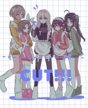  5girls ^_^ absurdres ahoge apron awa_subaru black_hair black_jacket black_thighhighs blue_eyes blush brown_hair censored censored_gesture closed_eyes commentary cut-here_line ebizuka_tomo frilled_apron frills garter_straps girls_band_cry green_jacket green_shoes grey_eyes grey_hair grey_shorts hair_between_eyes hair_ribbon hairband hamchan69 hand_up highres hug hug_from_behind iseri_nina jacket jersey_maid kawaragi_momoka kneehighs leg_warmers long_hair long_hair_between_eyes long_sleeves low_twintails maid maid_headdress middle_finger multicolored_hair multiple_girls one_side_up open_mouth parted_bangs pink_eyes pink_jacket pink_shoes platform_shoes red_jacket ribbon roots_(hair) rupa_(girls_band_cry) shoes short_hair shorts sidelocks sleeves_past_wrists socks thighhighs togenashi_togeari twintails unconventional_maid waist_apron white_apron white_hairband white_leg_warmers white_ribbon white_shoes white_socks white_thighhighs yellow_jacket zettai_ryouiki 