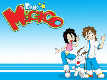  black_eyes black_hair blue_background blue_shirt brown_hair chibi collar denim dog gradient_background green_eyes hair_between_eyes hair_ornament jago_dibuja jeans looking_at_viewer looking_back midriff one_eye_closed open_mouth original pants pink_shirt pointing shirt short_hair short_sleeves smile t-shirt turtleneck two-tone_shirt white_shirt 