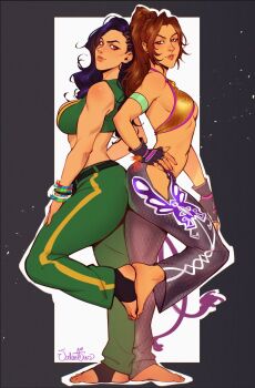  2girls ass ass-to-ass ass_press asymmetrical_hair back-to-back barefoot bracelet brazil breasts brown_eyes brown_hair christie_monteiro cornrows country_connection crop_top crossover dark_skin fingerless_gloves foot-to-foot footsies gloves green_pants highres jewelry large_breasts laura_matsuda medium_breasts multiple_girls pants parted_lips stirrup_footwear street_fighter street_fighter_v tekken tekken_5 trait_connection valentina_tavolilla 