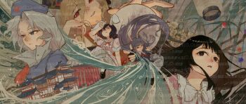  5girls :p alternate_costume animal_ears black_gloves black_hair black_hat black_shoes blazer blonde_hair blue_dress blue_hat bow bowtie branch collared_shirt commentary_request dress finger_gun fingerless_gloves gloves grey_hair grey_skirt hat houraisan_kaguya inaba_tewi jacket jeweled_branch_of_hourai junko_(touhou) lantern long_hair long_sleeves mary_janes multiple_girls necktie nurse_cap open_mouth paper_lantern pink_dress pink_shirt purple_hair rabbit_ears rabbit_girl red_bow red_bowtie red_dress red_eyes red_necktie reisen_udongein_inaba shirt shoes skirt smile socks tongue tongue_out too_many_watermarks touhou two-tone_dress very_long_hair water watermark white_bow white_bowtie white_shirt white_socks wu_zhi_hu_de_zui_qiang_hua_zhe yagokoro_eirin 