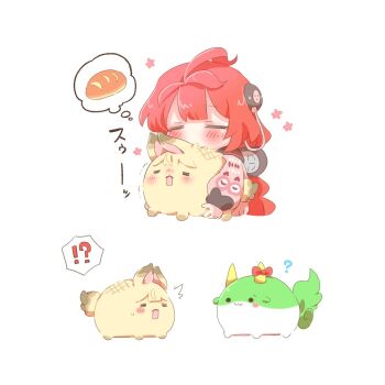  1girl :3 ? alice_thymefield animal_ears blunt_bangs blush bow bread chibi chibi_only closed_eyes closed_mouth commentary_request cropped_torso double-parted_bangs ex-keine food kamishirasawa_keine long_hair long_sleeves open_mouth pink_sweater rabbit_ears rebecca_(keinelove) red_bow red_hair simple_background speech_bubble spoken_food sukusuku_hakutaku sweater thought_bubble touhou ukinami_yuzuha white_background zenless_zone_zero 