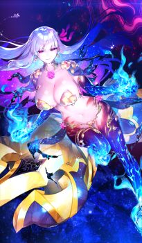  1girl armlet armor bare_arms bare_legs bare_shoulders bikini bikini_armor blue_background blue_fire blue_hair blue_ribbon blue_skin blunt_bangs bracelet breasts cleavage closed_mouth collar colored_extremities colored_inner_hair colored_skin commentary_request cracked_skin curvy diffraction_spikes earrings fate/grand_order fate_(series) fire floating floating_hair flower game_cg glint glowing glowing_arm glowing_hair glowing_hands glowing_legs glowing_skin gold_armlet gold_armor gold_bikini gold_bracelet gold_collar gold_earrings gold_lotus gold_petals gold_thighlet gold_trim gold_weapon gradient_hair hair_floating_upwards hair_ribbon huge_weapon jewelry kama_(adult)_(fate) kama_(assassin)_(third_ascension)_(fate) kama_(fate) kama_(third_ascension)_(fate) large_breasts long_hair long_sidelocks lotus lotus_earrings lotus_petals metal_collar multicolored_hair multicolored_skin nail_polish official_art open_hands petal_earrings pink_flower pink_petals pink_ribbon purple_hair red_eyes redrop ribbon shiny_petals shiny_skin sidelocks smile solo sparkle starry_hair starry_skin stomach swimsuit thighlet third-party_source torn_clothes torn_ribbon two-tone_skin vajra_(object) weapon white_hair 