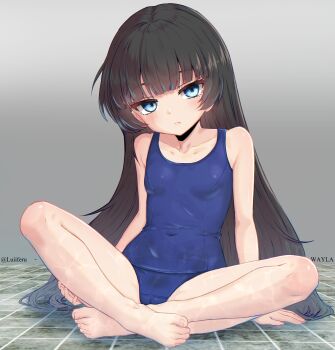  1girl absurdres barefoot bathroom blue_eyes blue_one-piece_swimsuit breasts brown_hair butterfly_sitting cameltoe expressionless eyebrows_hidden_by_hair highres loli long_hair looking_at_viewer luiiferu one-piece_swimsuit original school_swimsuit sitting small_breasts solo swimsuit toes very_long_hair 